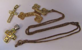 9ct gold chain with 9ct gold cross weight 5.5 g, 18ct gold and cubic zirconia cross 1.8 g & tested