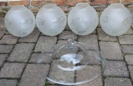 Clear glass smoke bell with folded rim and 4 large frosted glass shades