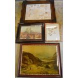 4 prints: Lincoln, pictorial map of Lincoln, a landscape & flowers