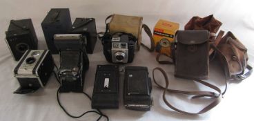 Various box cameras inc Ensign 'All distance twenty', Kodak junior, Kodak duaflex and Penguin