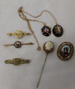 3 9ct gold bar brooches, cameo stick pin, Pinchbeck brooch and 2 pendants on chains