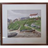 Framed watercolour of moored boats on the beach by Norwich artist Tom Griffiths (1902-1990) signed