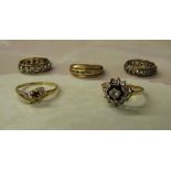 5 9ct gold / silver rings consisting of cubic zirconia, marcasite & sapphire (some have been