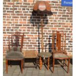 Pair of Edwardian bedroom chairs, standard lamp, pair of late Victorian chairs, rush seated stool