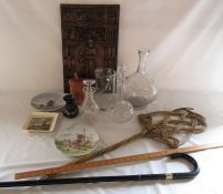 Various items inc glass decanters, Royal Copenhagen, walking stick, ruler, carved wooden panel etc