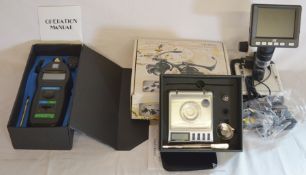 A E DM6236P digital Tachometer, mini digital scales, watch repair magnifier & a dnt Digi Micro Lab