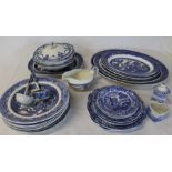 Selection of blue and white including Ironstone China bowls, Old Willow meat plates, Copeland