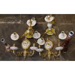 Pair of porcelain & gilt ceiling lights, pair of wall lights & 2 table lights