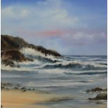 Large framed oil on canvas depicting coastal scene by Leslie Treacher size approx. 59cm x 60.5cm (