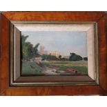 Framed oil painting of a rural church scene by W J Dukes 34 cm x 27 cm (size including frame)