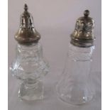 2 glass and silver topped sugar casters Sheffield 1909 & Birmingham 1941
