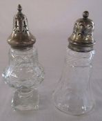 2 glass and silver topped sugar casters Sheffield 1909 & Birmingham 1941