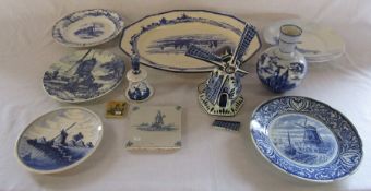 Selection of blue and white Delft ceramics inc tiles, bell, plates & vase etc