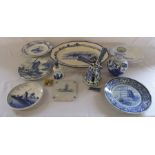 Selection of blue and white Delft ceramics inc tiles, bell, plates & vase etc