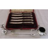 Cased set of silver handle knives (1 missing), silver sugar tongs London 1879 weight 1.65 ozt,