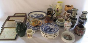 2 boxes of assorted ceramics inc Wedgwood collectors plates, Sylvac, Delft & 4 framed maps (one with