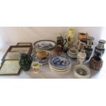 2 boxes of assorted ceramics inc Wedgwood collectors plates, Sylvac, Delft & 4 framed maps (one with