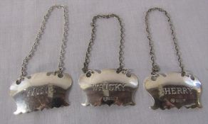 3 silver wine and spirit labels - Sherry, Whisky & Wine all hallmarked Sheffield 1988 weight 1.37
