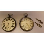 A W W Co Waltham silver open face pocket watch and one other and 2 keys
