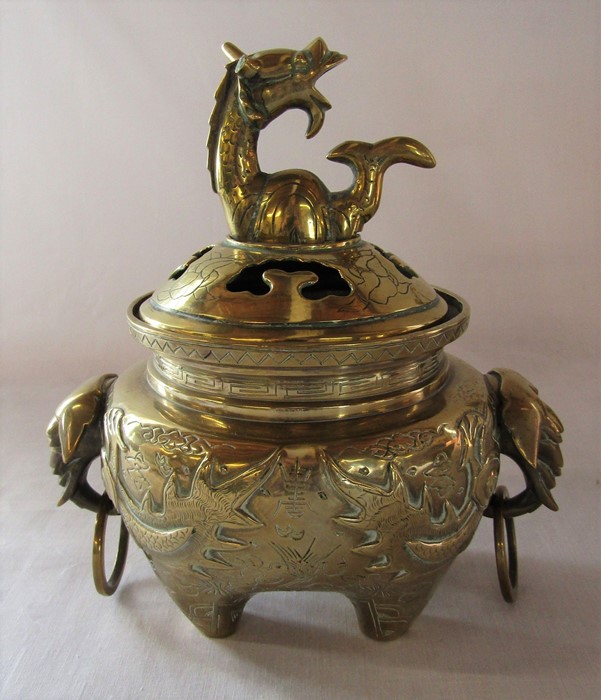 Various Oriental style brassware inc bowl and incense burner - Image 2 of 6