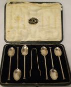 Cased set of 6 silver teaspoons & sugar tongs Sheffield 1918 2.35ozt