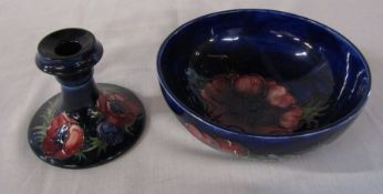 Moorcroft anemone pattern bowl D 16 cm H 6.5 cm (slight wear to part of tubing) and candlestick H