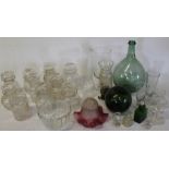 Selection of cut glass jam pots, celery vase, jelly mould, cranberry lampshade, measuring vessels,