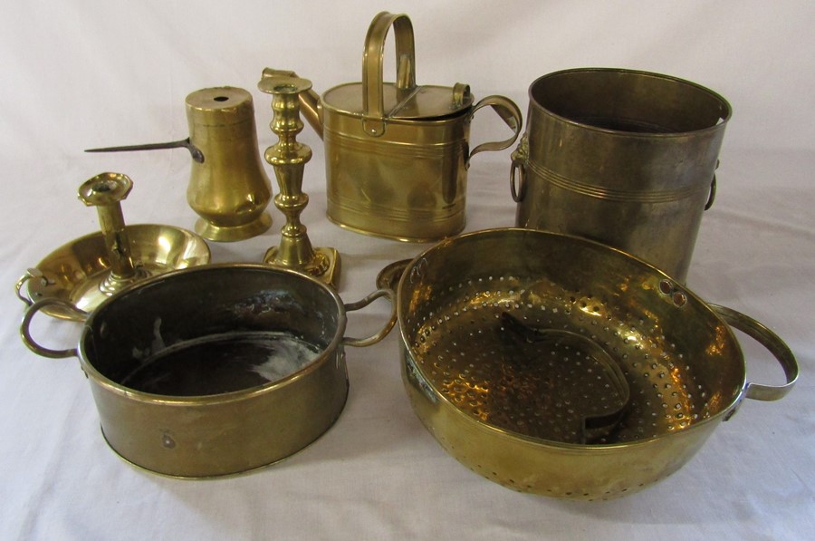 Assorted brass ware inc. hot water watering can and candlestick