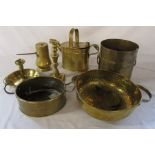 Assorted brass ware inc. hot water watering can and candlestick