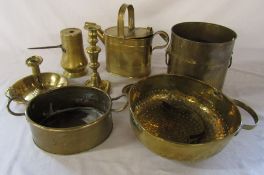 Assorted brass ware inc. hot water watering can and candlestick