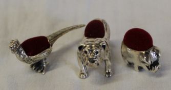 3 small silver pin cushions  - pig, bulldog and pheasant marked 925