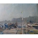 Framed oil on canvas depicting harbour scene by Ronald Ossory Dunlop RA (Irish 1894-1973) approx.