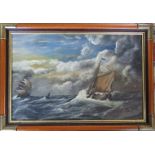 Oil on canvas of boats in a stormy sea by J R Chilvers, signed lower left corner 71 cm x 50 cm (size