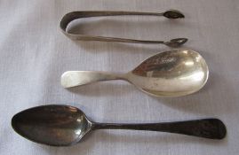 Georgian silver teaspoon, caddy spoon Birmingham 1966 and sugar tongs London 1891 total weight 1.