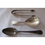 Georgian silver teaspoon, caddy spoon Birmingham 1966 and sugar tongs London 1891 total weight 1.