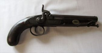 19th century percussion cap pistol stamped Palmer (repair to pistol grip)