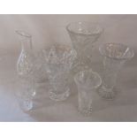 Selection of cut glass vases, water carafe and two glasses