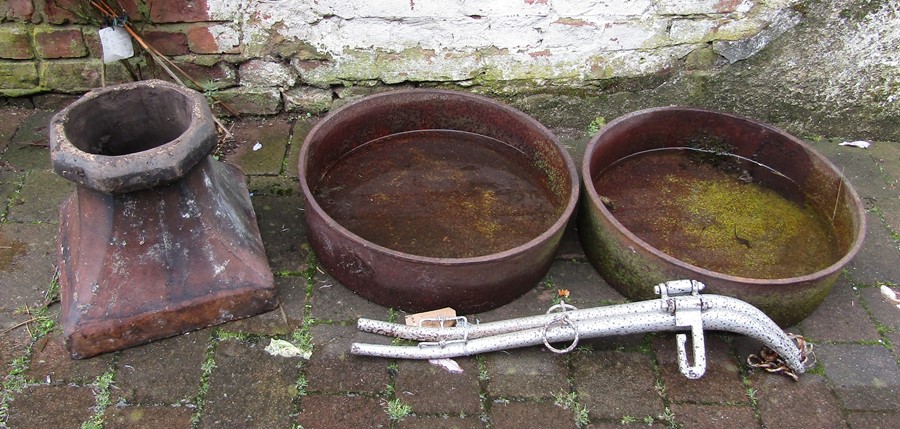 2 cast iron animal feeding troughs, chimney & horse hames