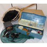 Mitchell spinning reel and two others, keep net, tackle box, butterfly nets, 2 specimen boxes etc.