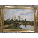 Gilt framed oil on canvas of a rural scene 'The Old Foot Bridge' by O T Clark 89 cm x 64 cm (size