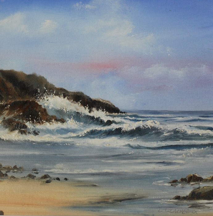 Large framed oil on canvas depicting coastal scene by Leslie Treacher size approx. 59cm x 60.5cm (