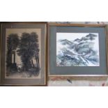 Victorian framed charcoal drawing by R Hardy dated 1869 & an Oriental silk painting