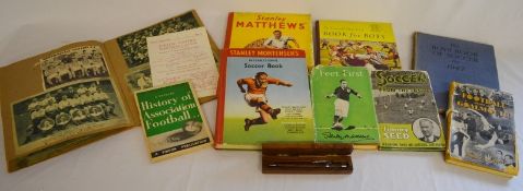 Vintage football books, a scrap book, Louth United programme & a boxed wooden propelling pencil