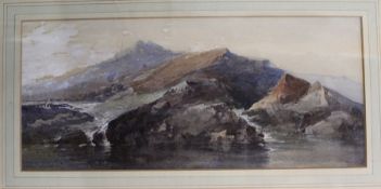 Framed watercolour depicting mountainous landscape with reverse inscribed "Attributed to D Y Cameron
