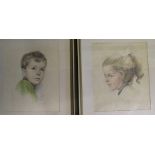 Pair of framed coloured pencil portraits of young boy and girl by German artist dated 1969