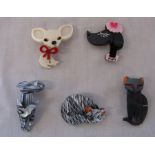 Set of 5 assorted Lea Stein style animal brooches inc dog, fox and cat (all new)