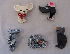 Set of 5 assorted Lea Stein style animal brooches inc dog, fox and cat (all new)