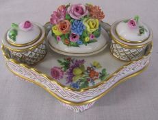 Herend Hungary porcelain floral inkwell with lids L 15 cm