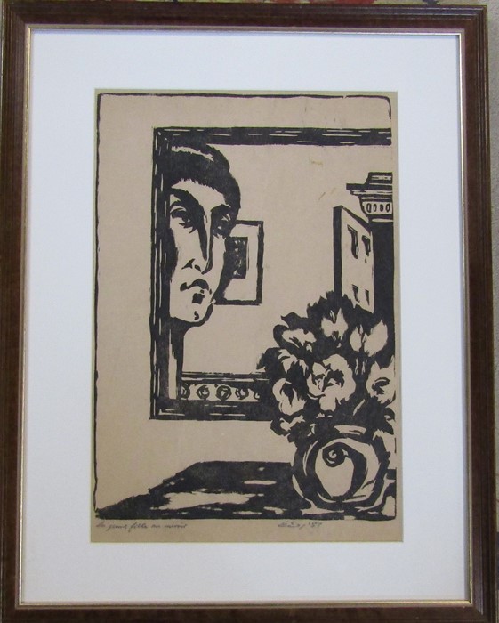 French wood cut print entitled La Juene fille au mirror (The girl at the mirror) pencil signed (