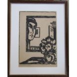 French wood cut print entitled La Juene fille au mirror (The girl at the mirror) pencil signed (